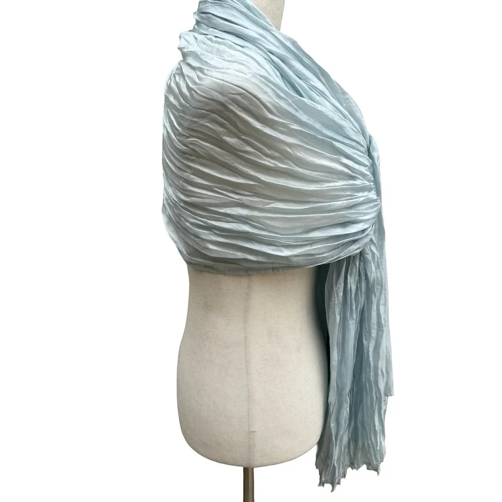 Eileen Fisher 100% Silk Coastal Minimalist Crinkle Beaded Scarf Wrap Pastel Blue